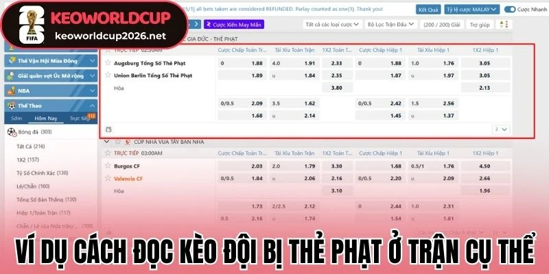 Ví dụ cách đọc kèo đội bị thẻ phạt ở trận cụ thể